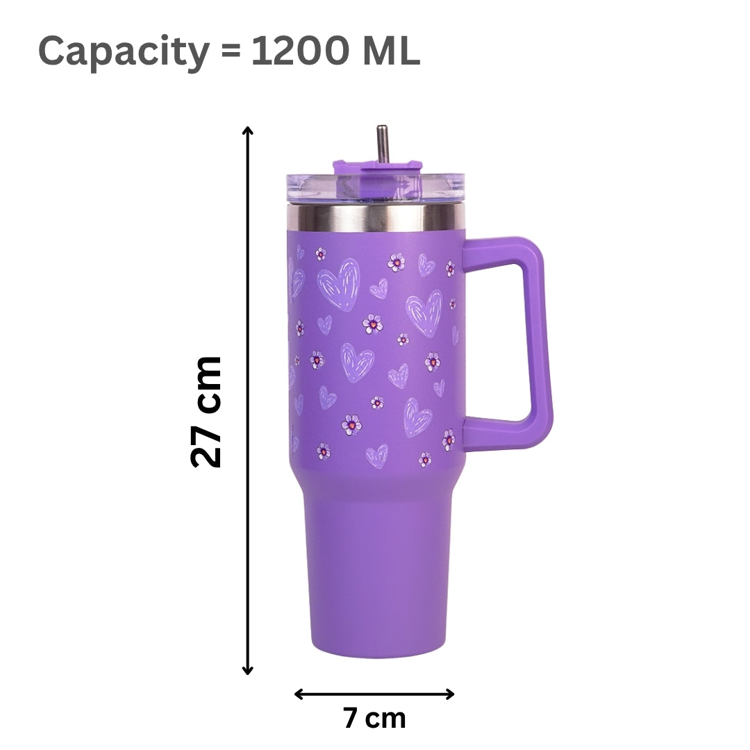 Purple Floral Tumbler with Handle & Straw – Cute Reusable Travel Cup for Everyday Drinks