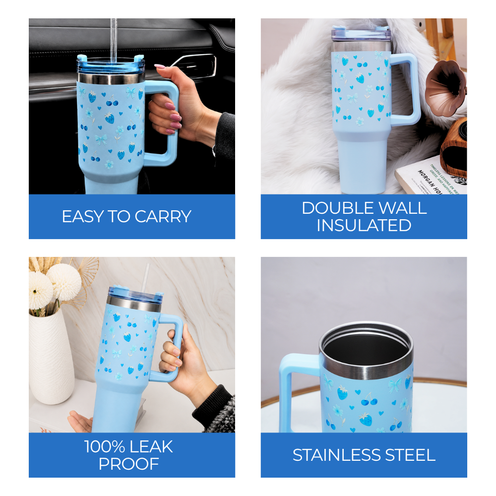 Blue Cherry & Strawberry Floral Stainless Steel Tumbler