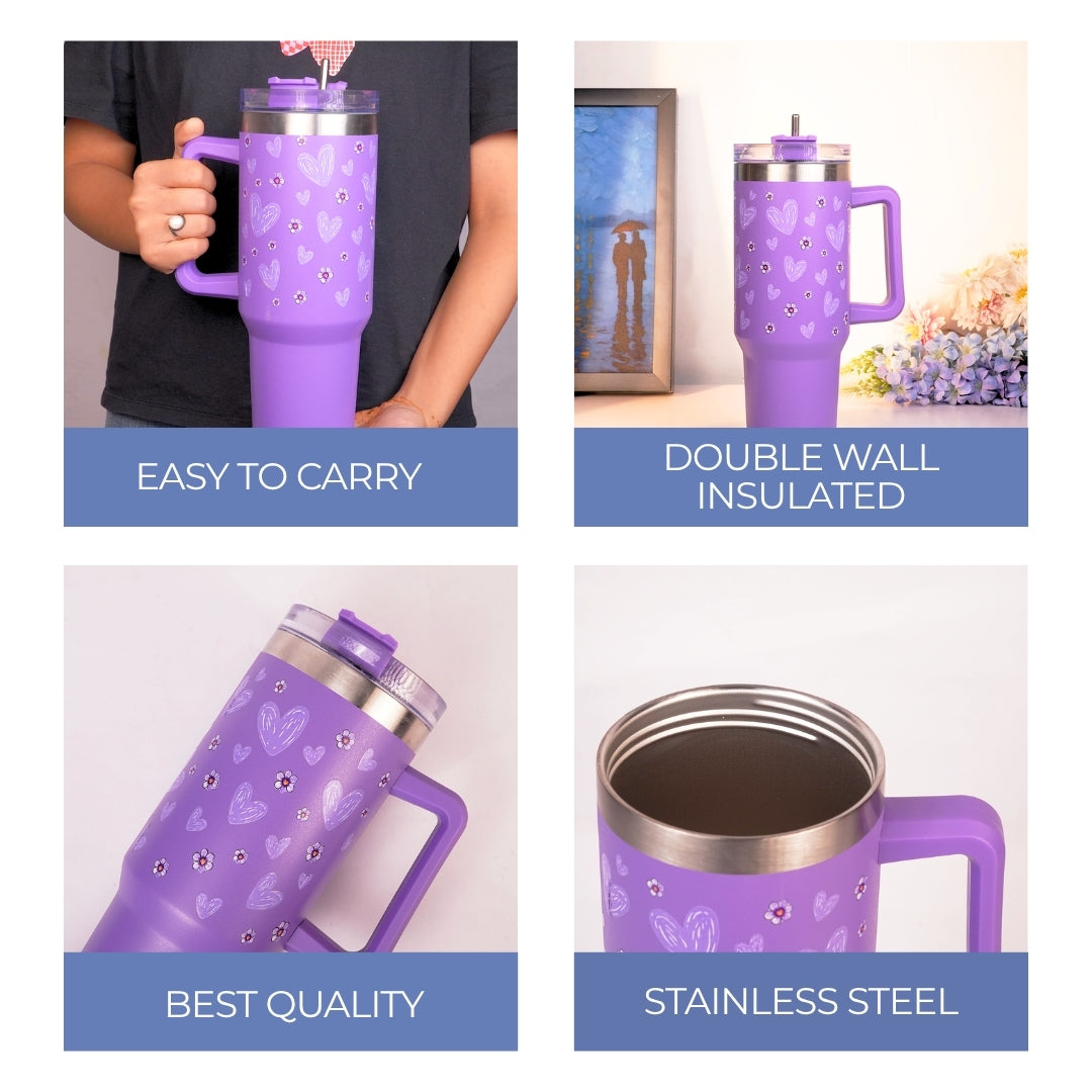 Purple Floral Tumbler with Handle & Straw – Cute Reusable Travel Cup for Everyday Drinks