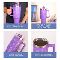 Purple Floral Tumbler with Handle & Straw – Cute Reusable Travel Cup for Everyday Drinks
