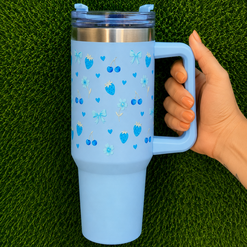 Blue Cherry & Strawberry Floral Stainless Steel Tumbler