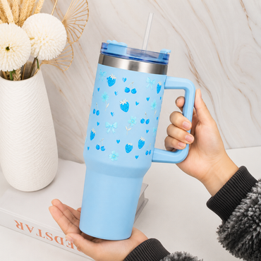 Blue Cherry & Strawberry Floral Stainless Steel Tumbler