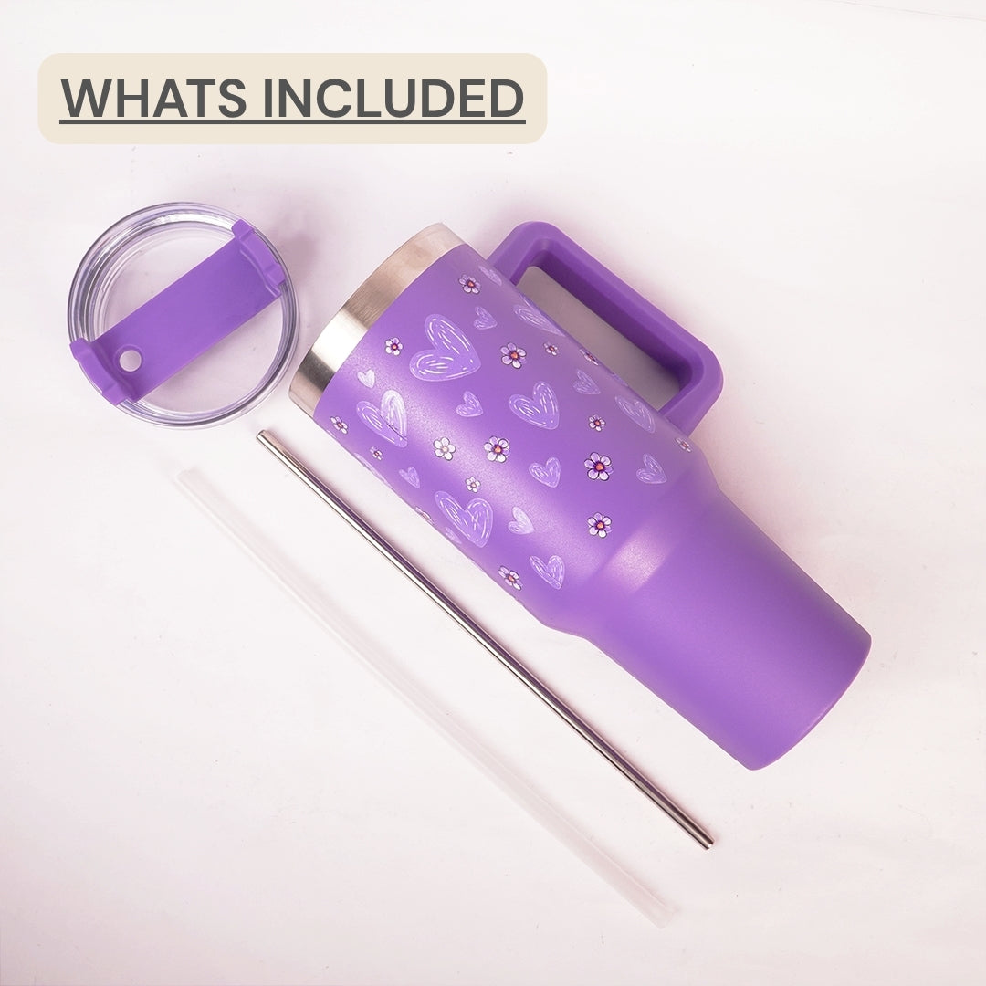 Purple Floral Tumbler with Handle & Straw – Cute Reusable Travel Cup for Everyday Drinks
