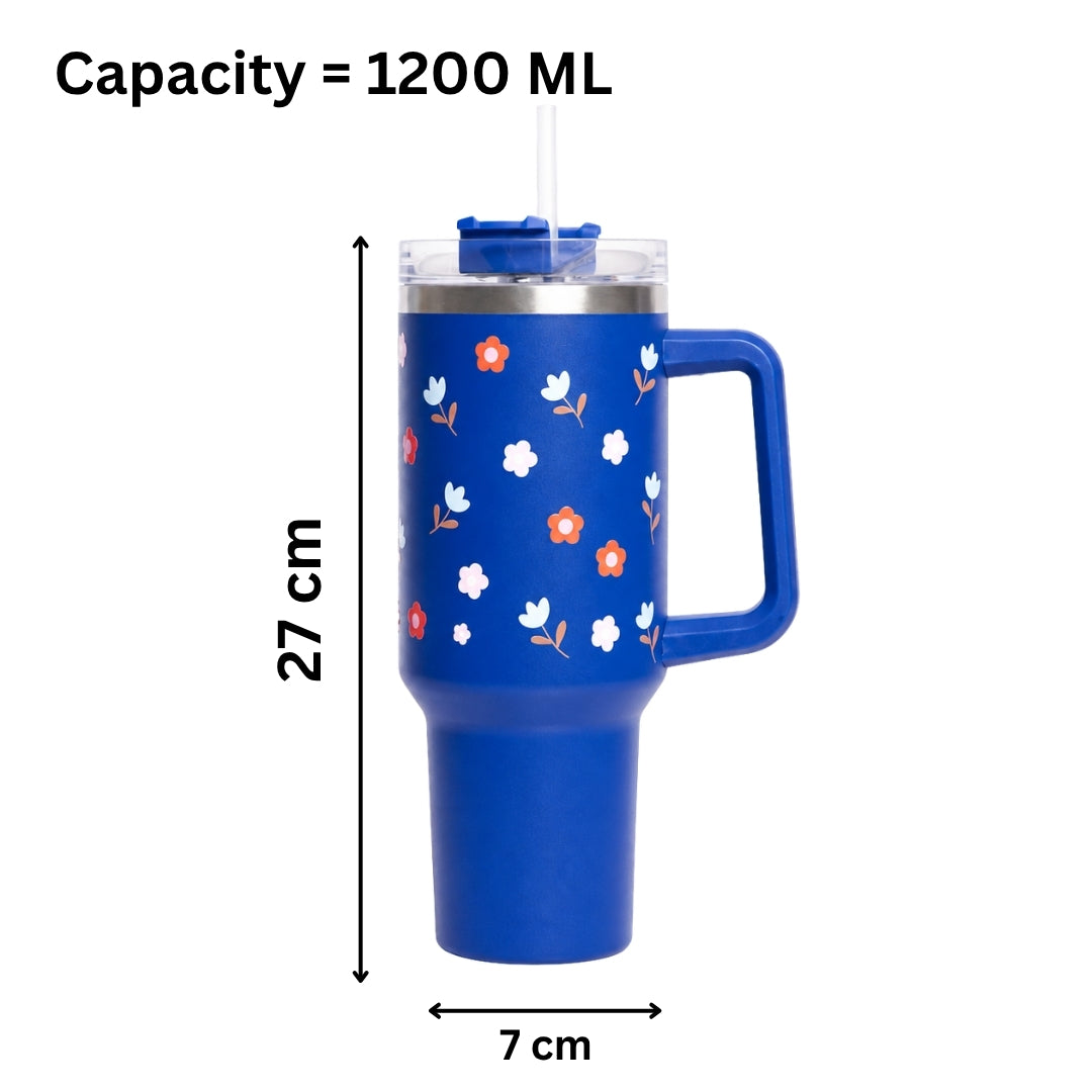 Floral Print Insulated Tumbler with Handle & Straw | Reusable Travel Cup | Stylish Drinkware
