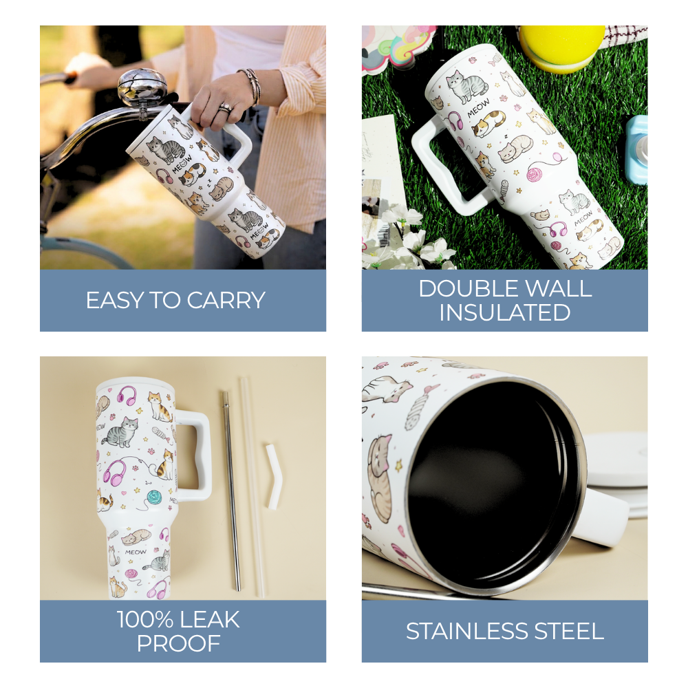 Meow Cat Insulated Tumbler— Leakproof & Insulated (White)
