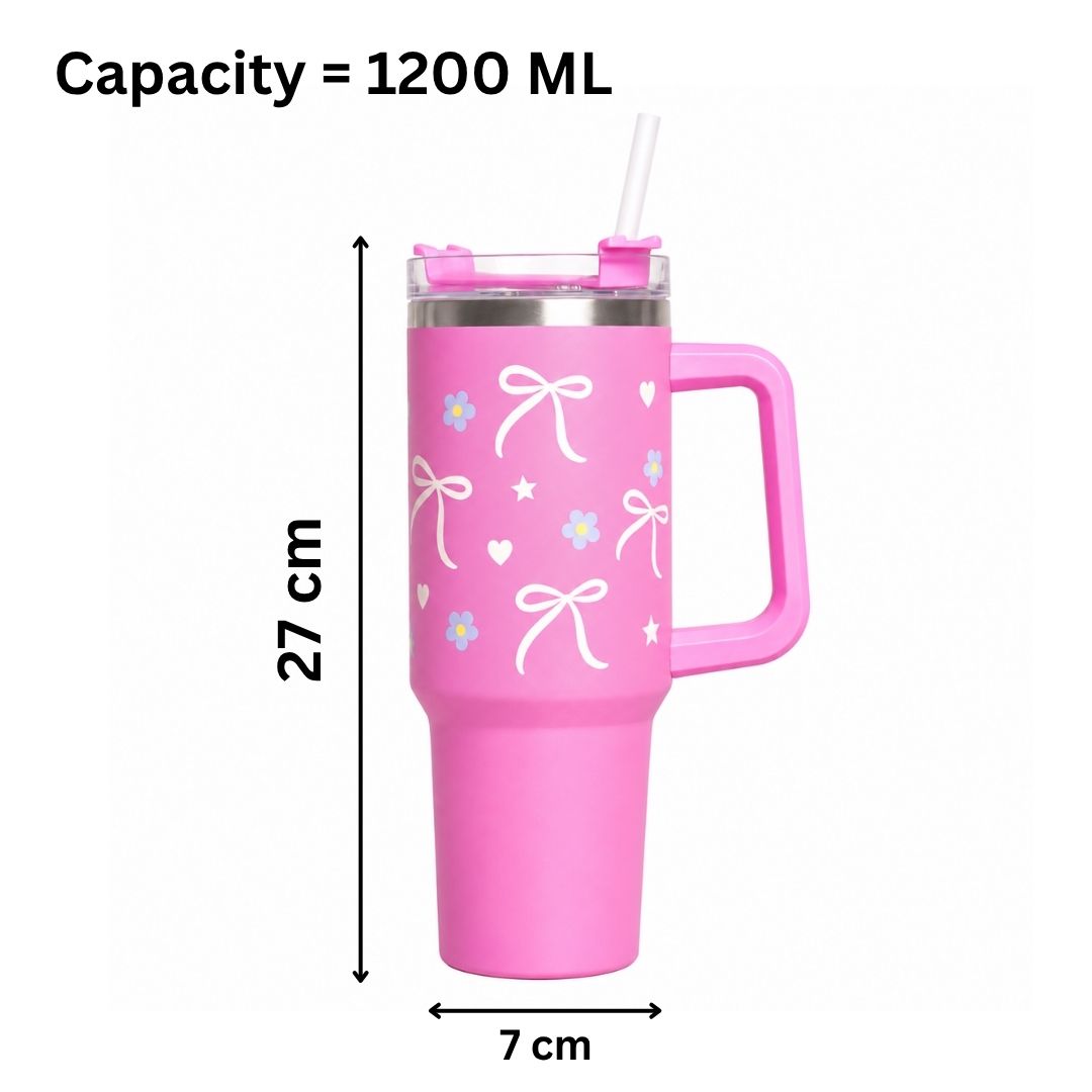 Bow & Floral Print Tumbler with Handle & Straw | Reusable Travel Water Cup | Stylish Drinkware