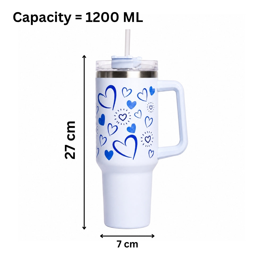 Heart Print Tumbler with Handle & Straw | Reusable Travel Water Cup | Stylish Drinkware