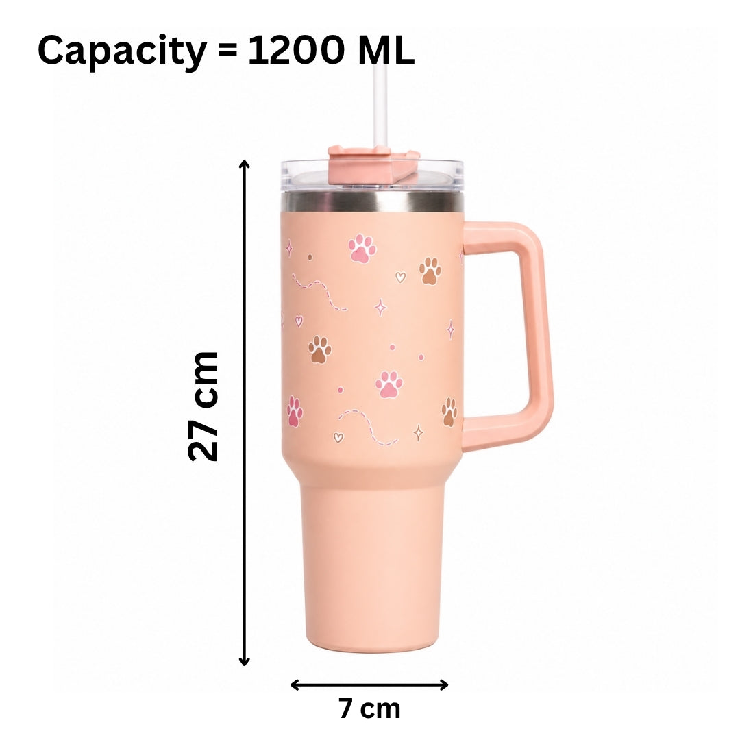 Floral Paw Print Tumbler with Handle & Straw | Reusable Travel Water Cup | Stylish Drinkware