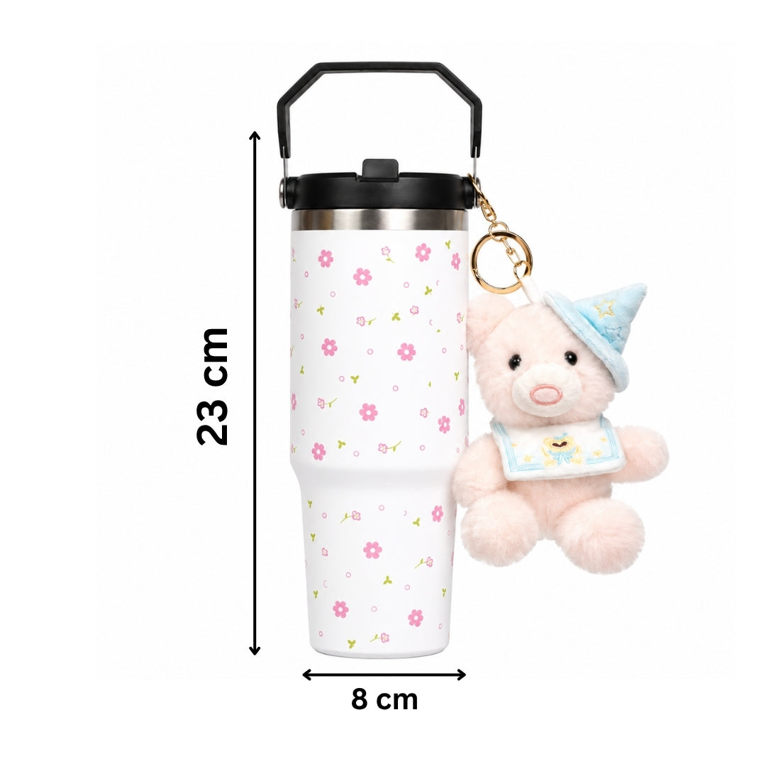 Floral Print Tumbler with Teddy Bear Charm, Handle, Lid & Straw