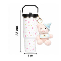 Floral Print Tumbler with Teddy Bear Charm, Handle, Lid & Straw