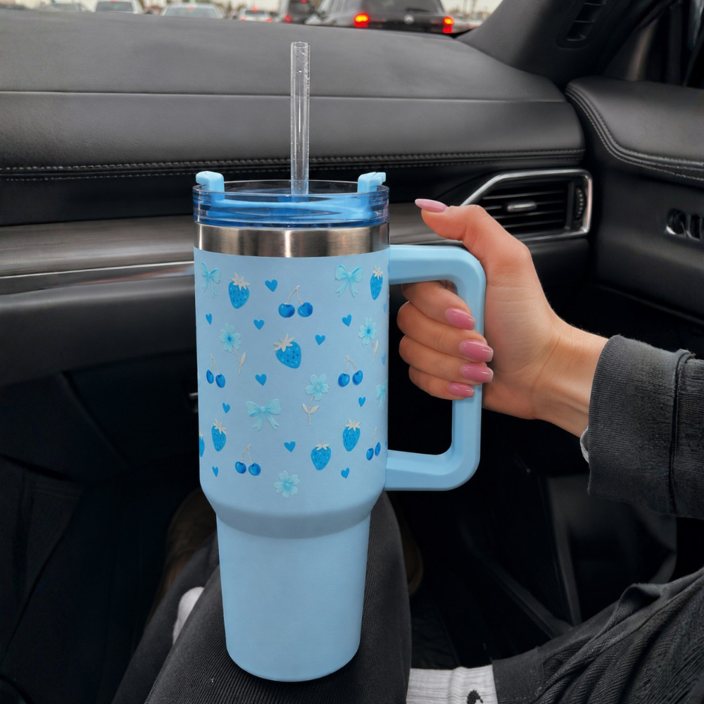 Blue Cherry & Strawberry Floral Stainless Steel Tumbler