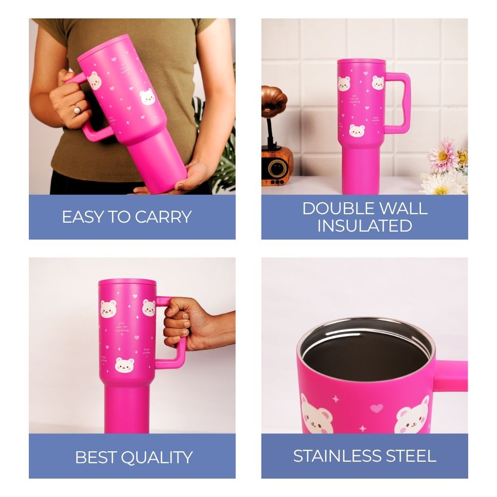 Hot Pink Happy Bear Insulated Tumbler with Handle