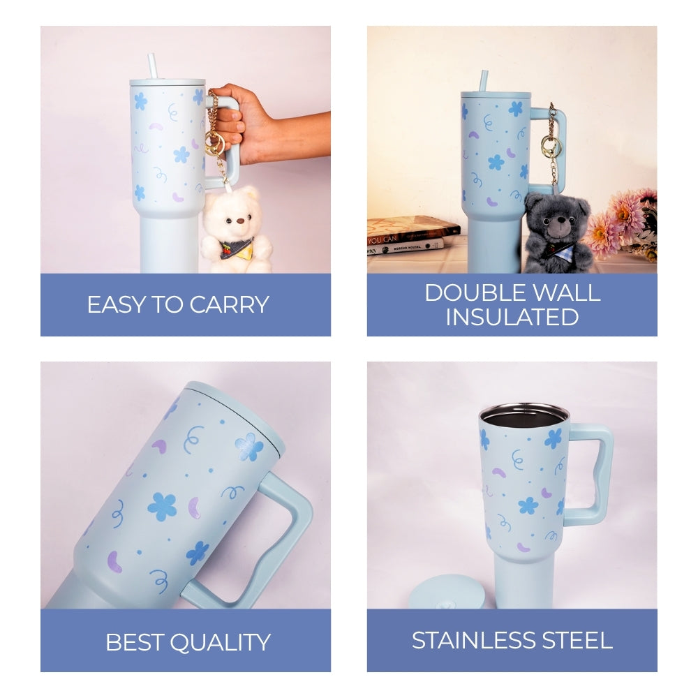 Blue Floral Tumbler with Handle & Straw – Cute Aesthetic Reusable Travel Cup(RANDOM CHARM)