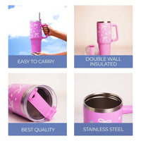 Bow & Floral Print Tumbler with Handle & Straw | Reusable Travel Water Cup | Stylish Drinkware