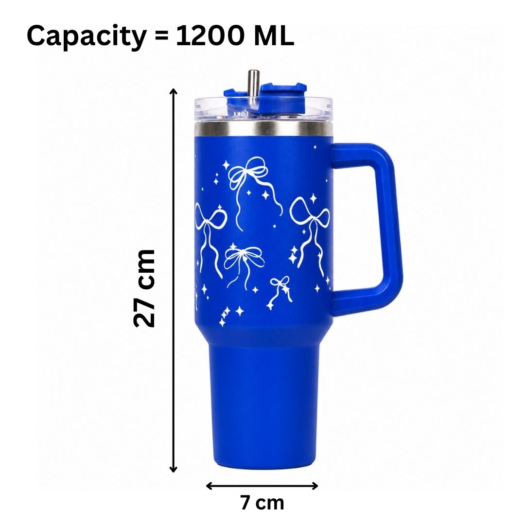 Royal Blue Bow Tumbler with Straw & Handle – Elegant Ribbon & Sparkle Print Travel Tumbler