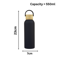 Midnight Black Stainless Steel Water Bottle with Bamboo Lid – 550 ml