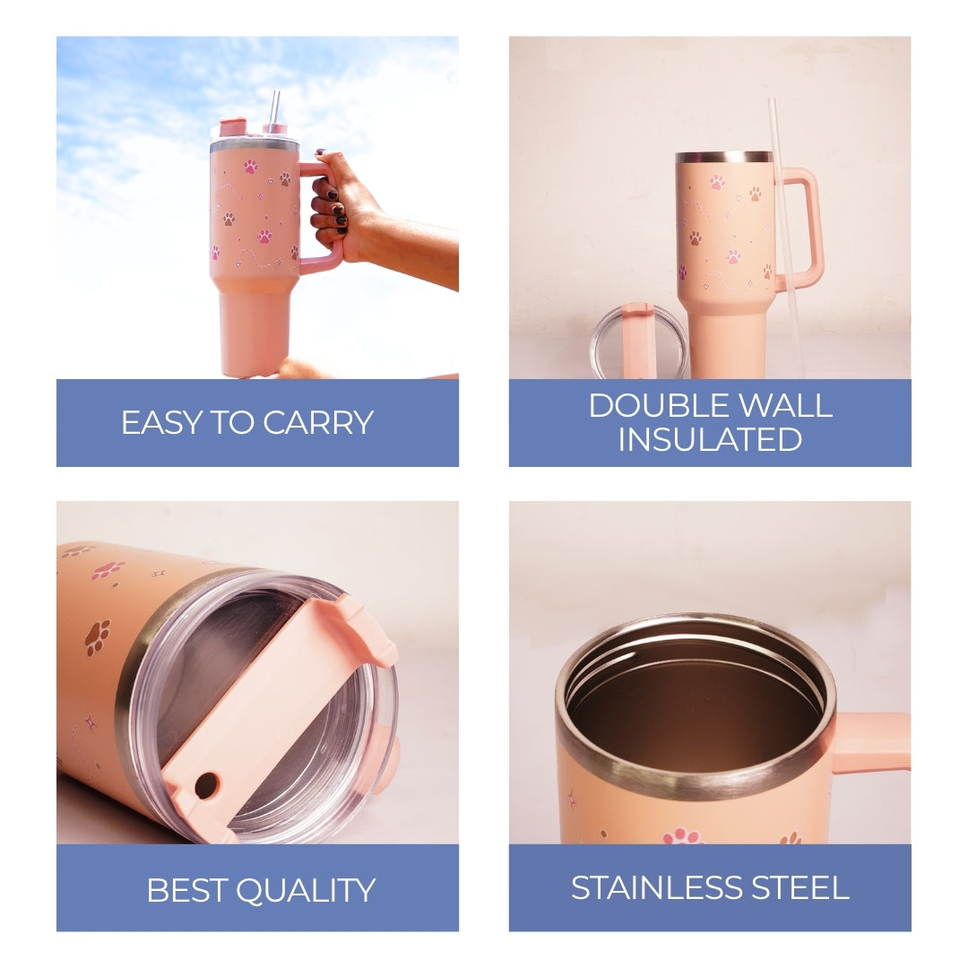 Floral Paw Print Tumbler with Handle & Straw | Reusable Travel Water Cup | Stylish Drinkware