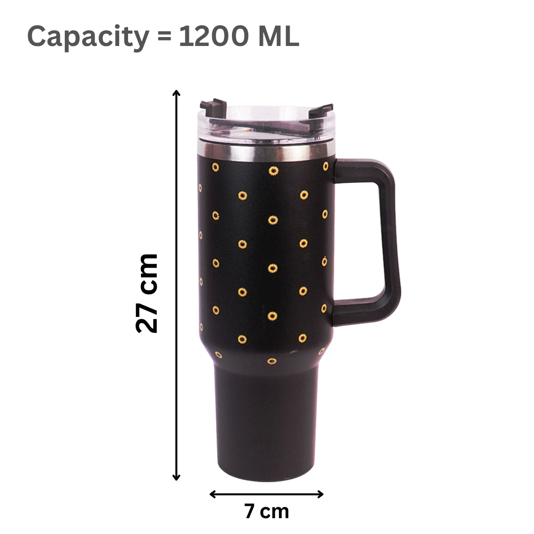 Black Sunflower Tumbler with Handle & Straw – Cute Floral Reusable Travel Cup for Women & Girls