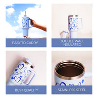 Heart Print Tumbler with Handle & Straw | Reusable Travel Water Cup | Stylish Drinkware