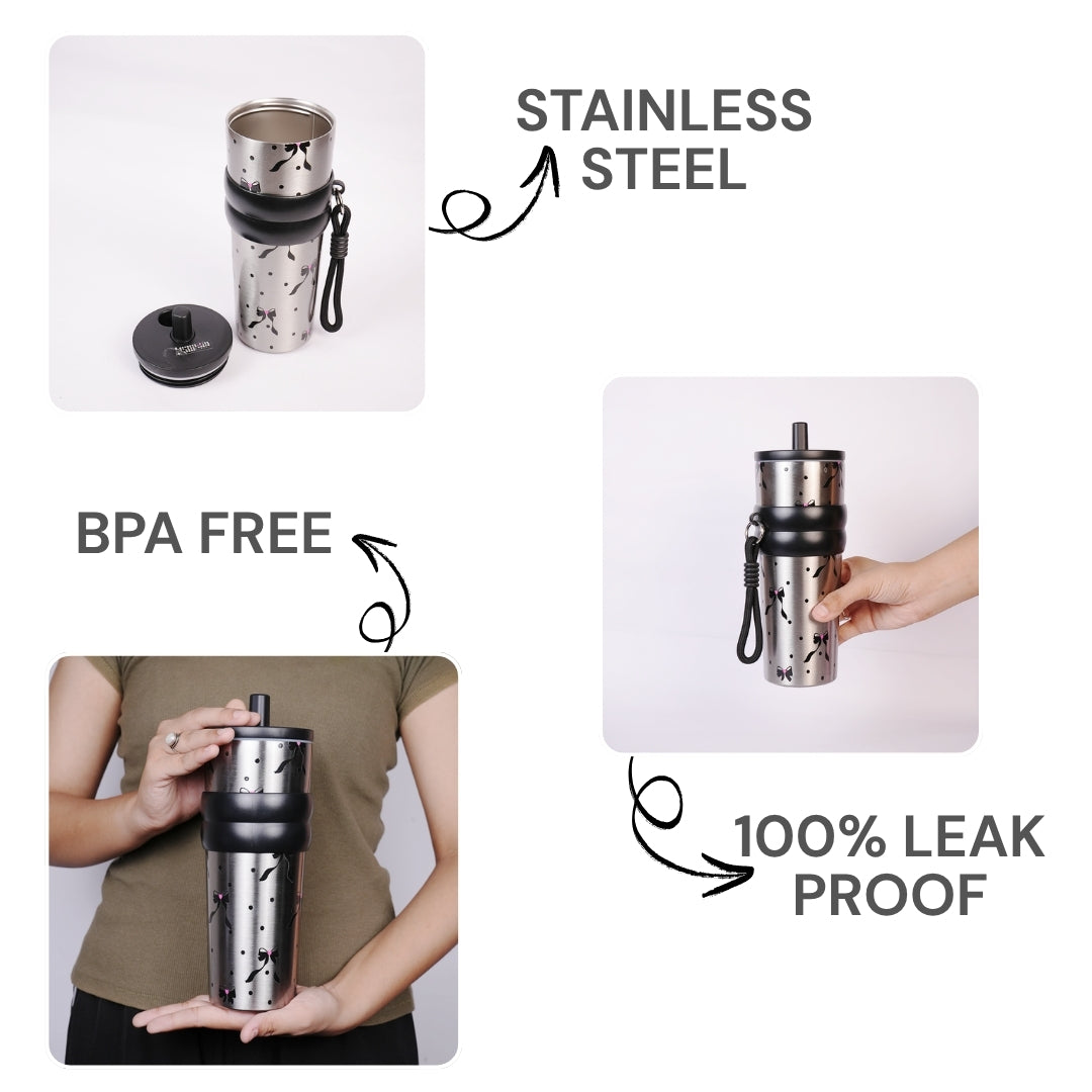 Bow Print Stainless Steel Insulated Tumbler with Straw & Carry Loop