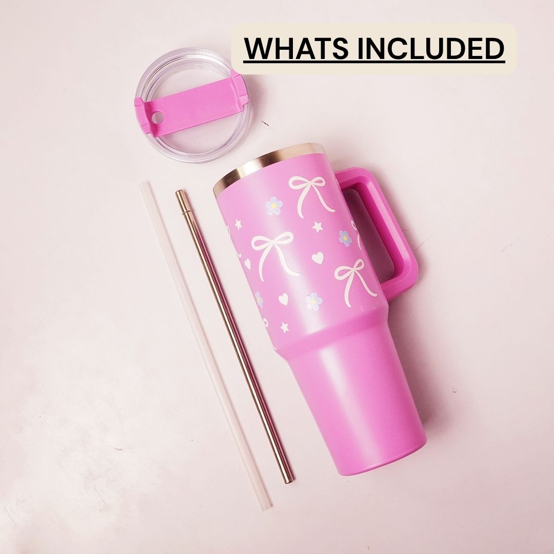 Bow & Floral Print Tumbler with Handle & Straw | Reusable Travel Water Cup | Stylish Drinkware