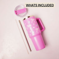 Bow & Floral Print Tumbler with Handle & Straw | Reusable Travel Water Cup | Stylish Drinkware