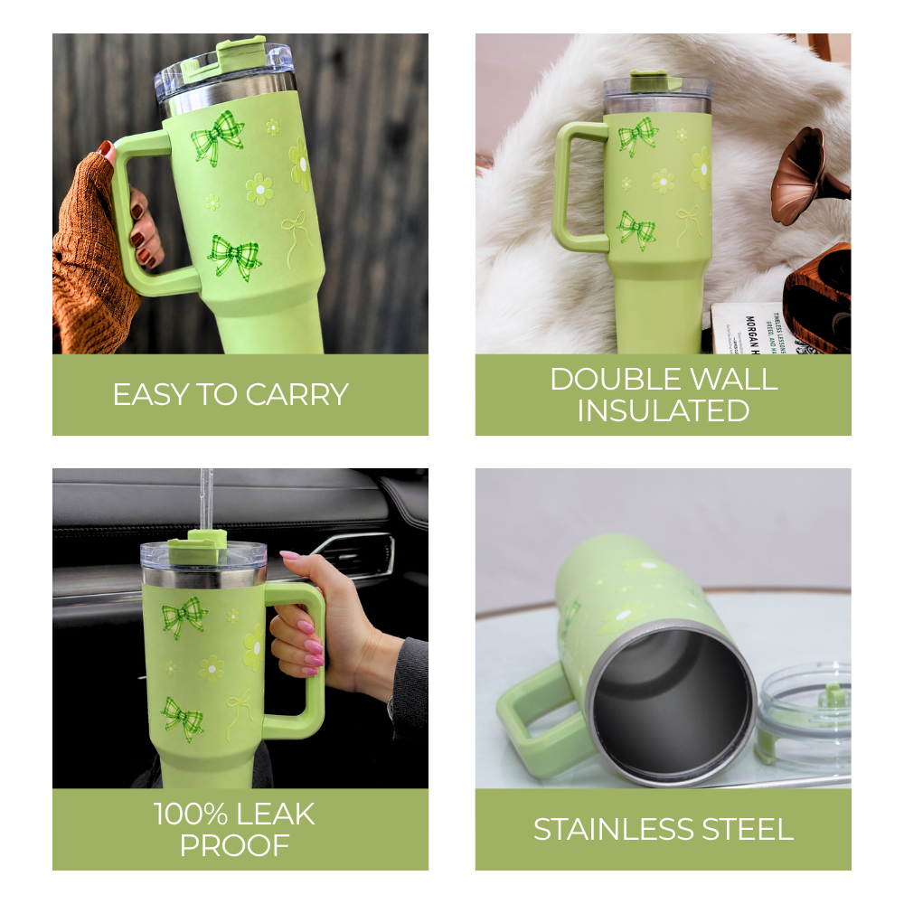 Cute Floral Green Bow Stainless Steel Tumbler