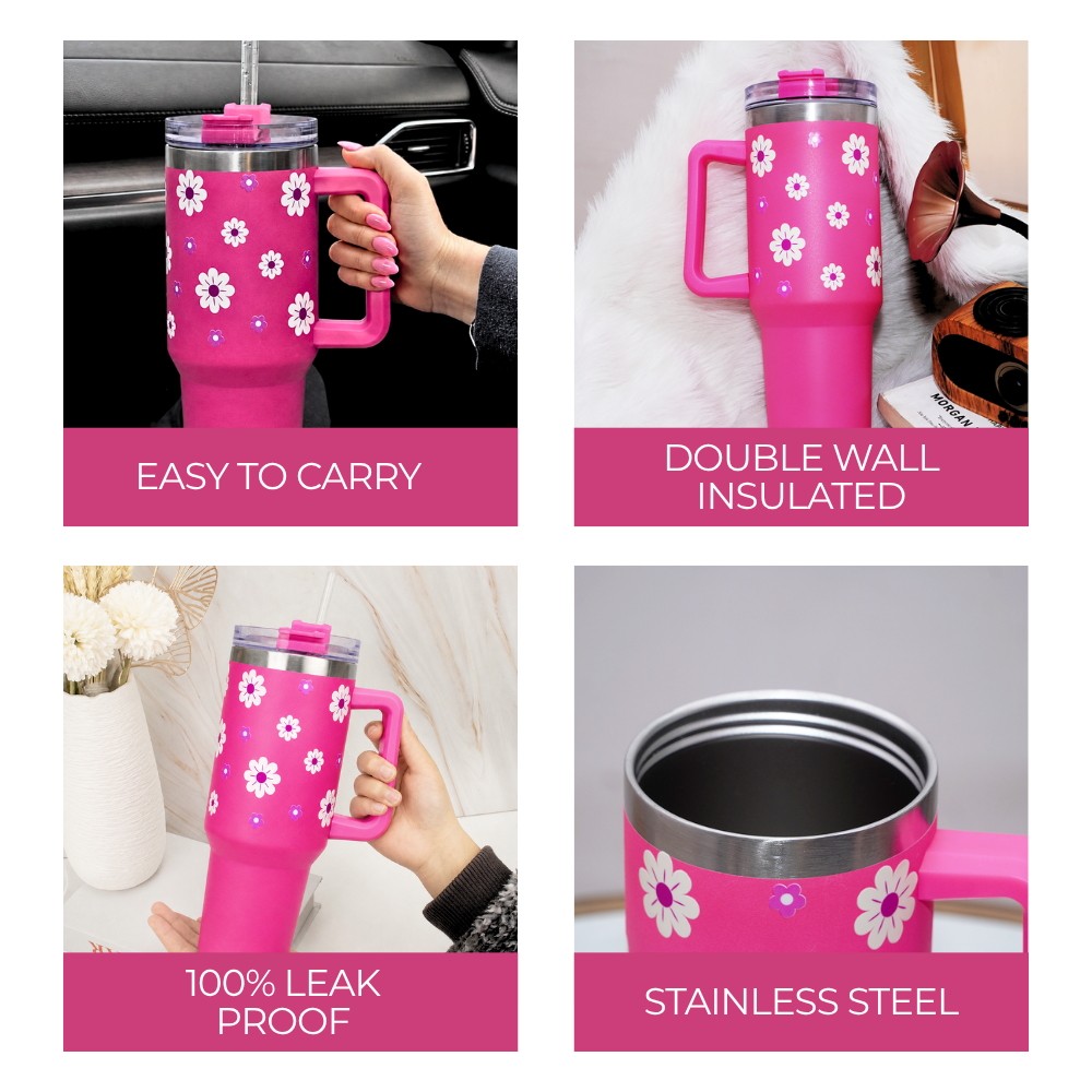 Pink Daisy Stainless Steel Floral Tumbler