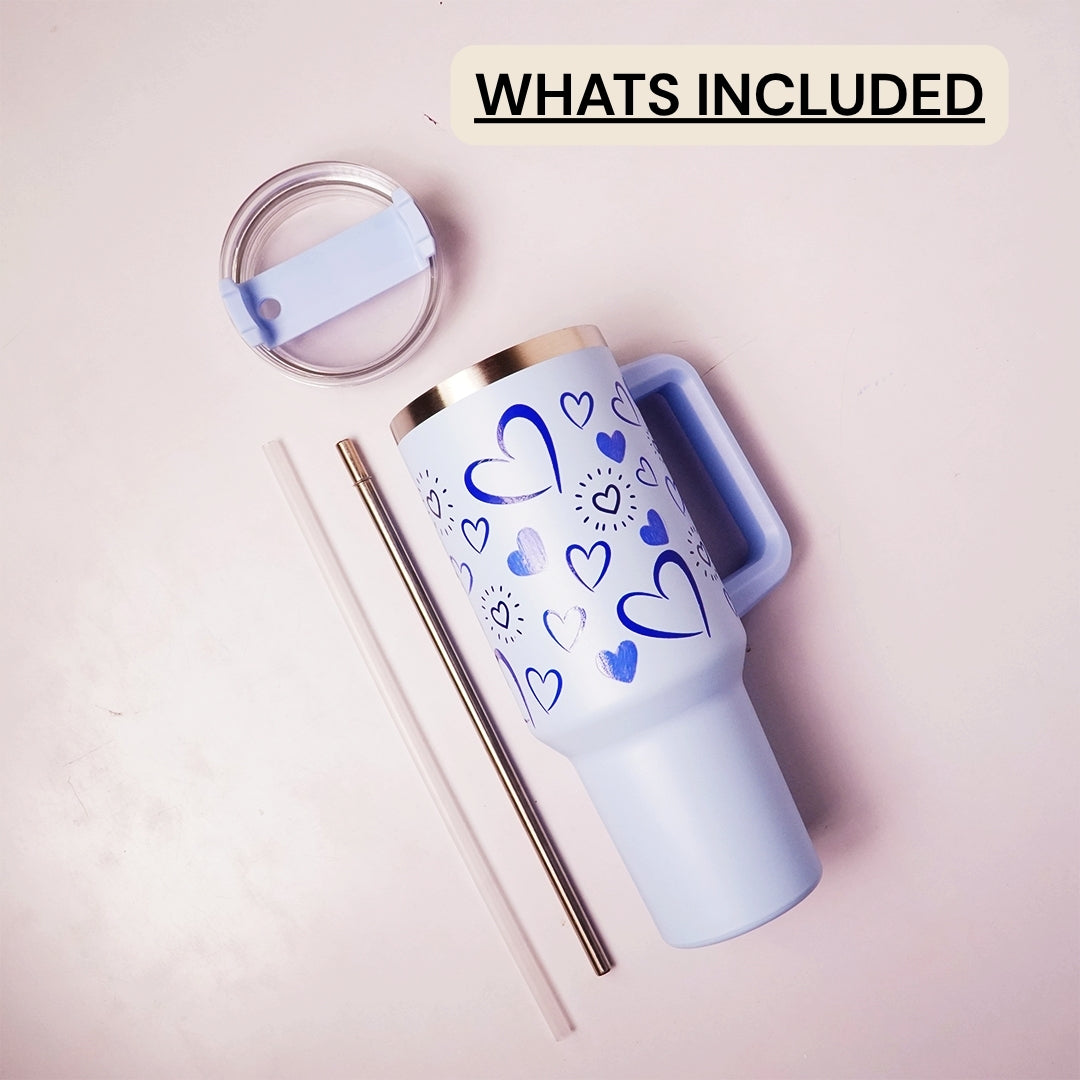 Heart Print Tumbler with Handle & Straw | Reusable Travel Water Cup | Stylish Drinkware