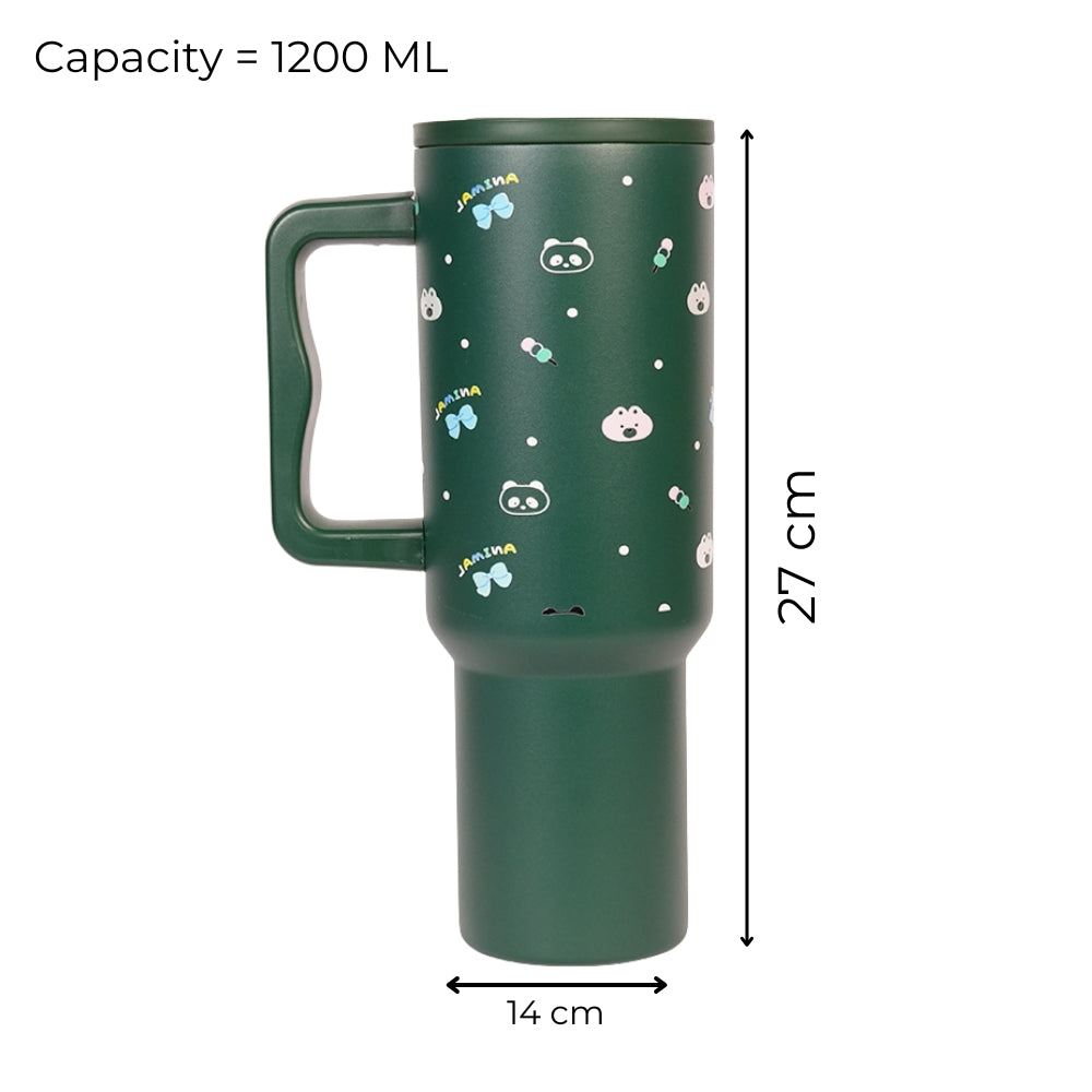 Green Heart Print Tumbler with Straw & Handle