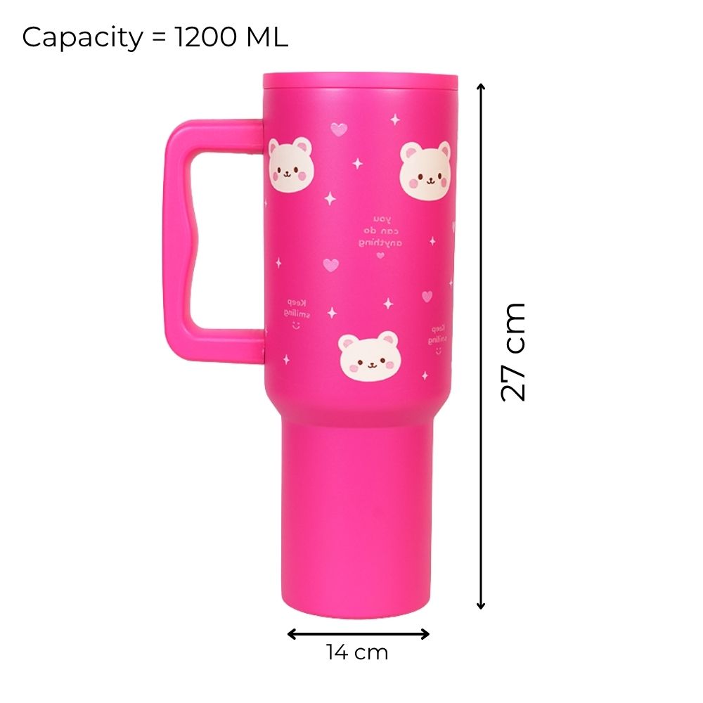 Hot Pink Happy Bear Insulated Tumbler with Handle