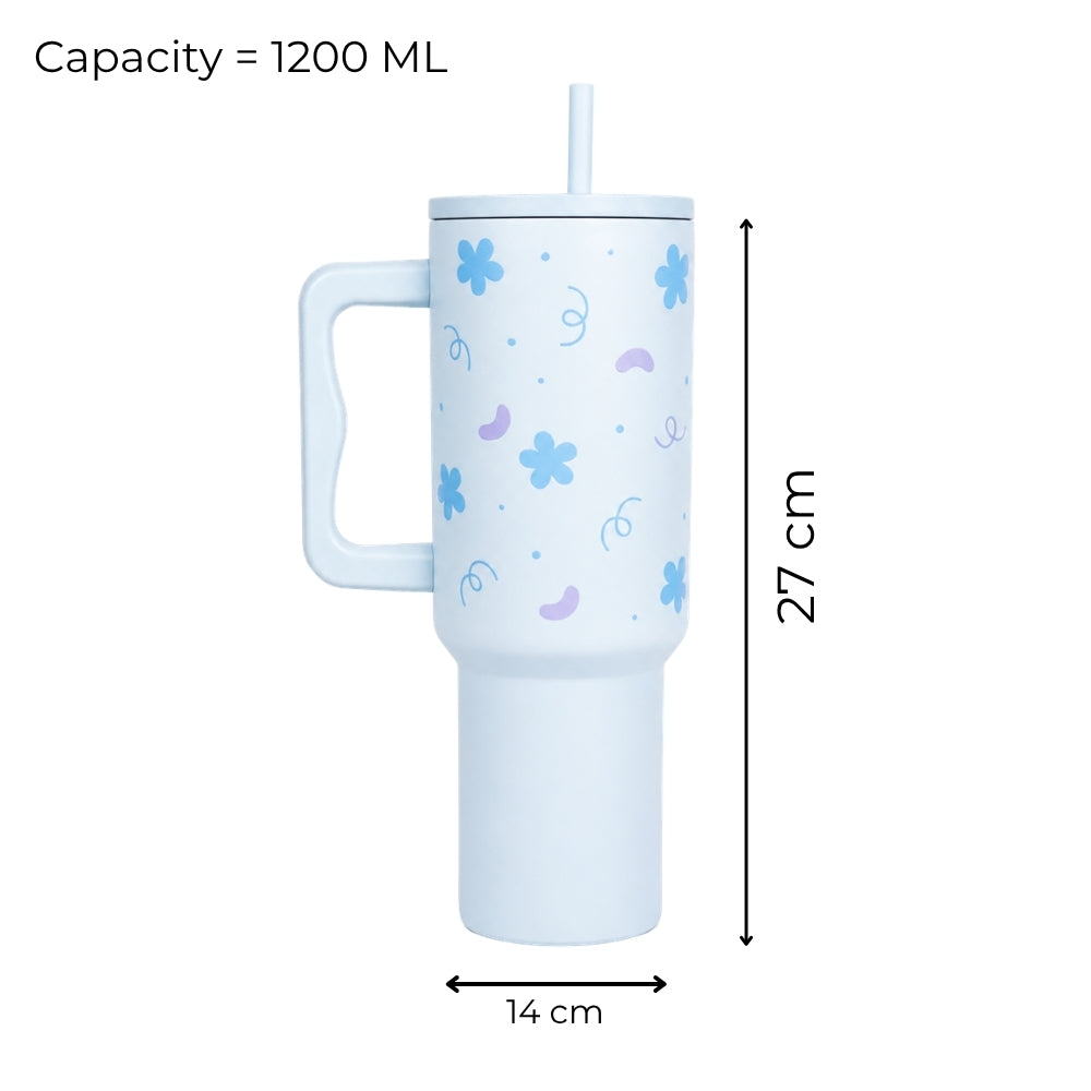 Blue Floral Tumbler with Handle & Straw – Cute Aesthetic Reusable Travel Cup(RANDOM CHARM)