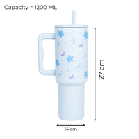 Blue Floral Tumbler with Handle & Straw – Cute Aesthetic Reusable Travel Cup(RANDOM CHARM)