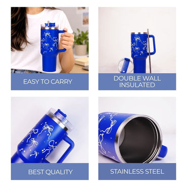 Royal Blue Bow Tumbler with Straw & Handle – Elegant Ribbon & Sparkle Print Travel Tumbler
