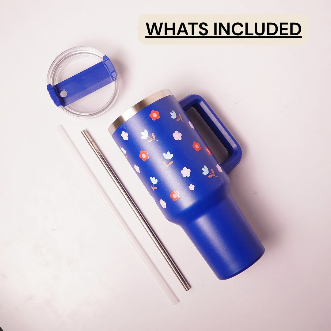 Floral Print Insulated Tumbler with Handle & Straw | Reusable Travel Cup | Stylish Drinkware