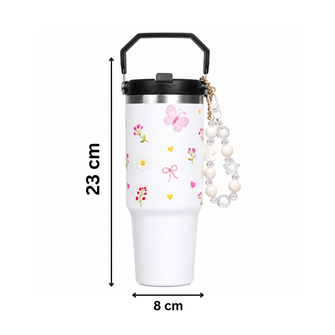 Butterfly & Floral Print Tumbler with Handle & Decorative Bead Charm | Reusable Travel Cup
