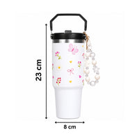 Butterfly & Floral Print Tumbler with Handle & Decorative Bead Charm | Reusable Travel Cup