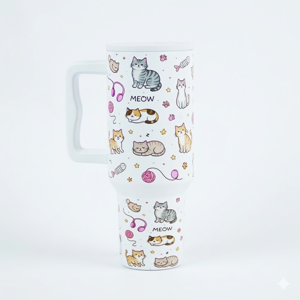 Meow Cat Insulated Tumbler— Leakproof & Insulated (White)