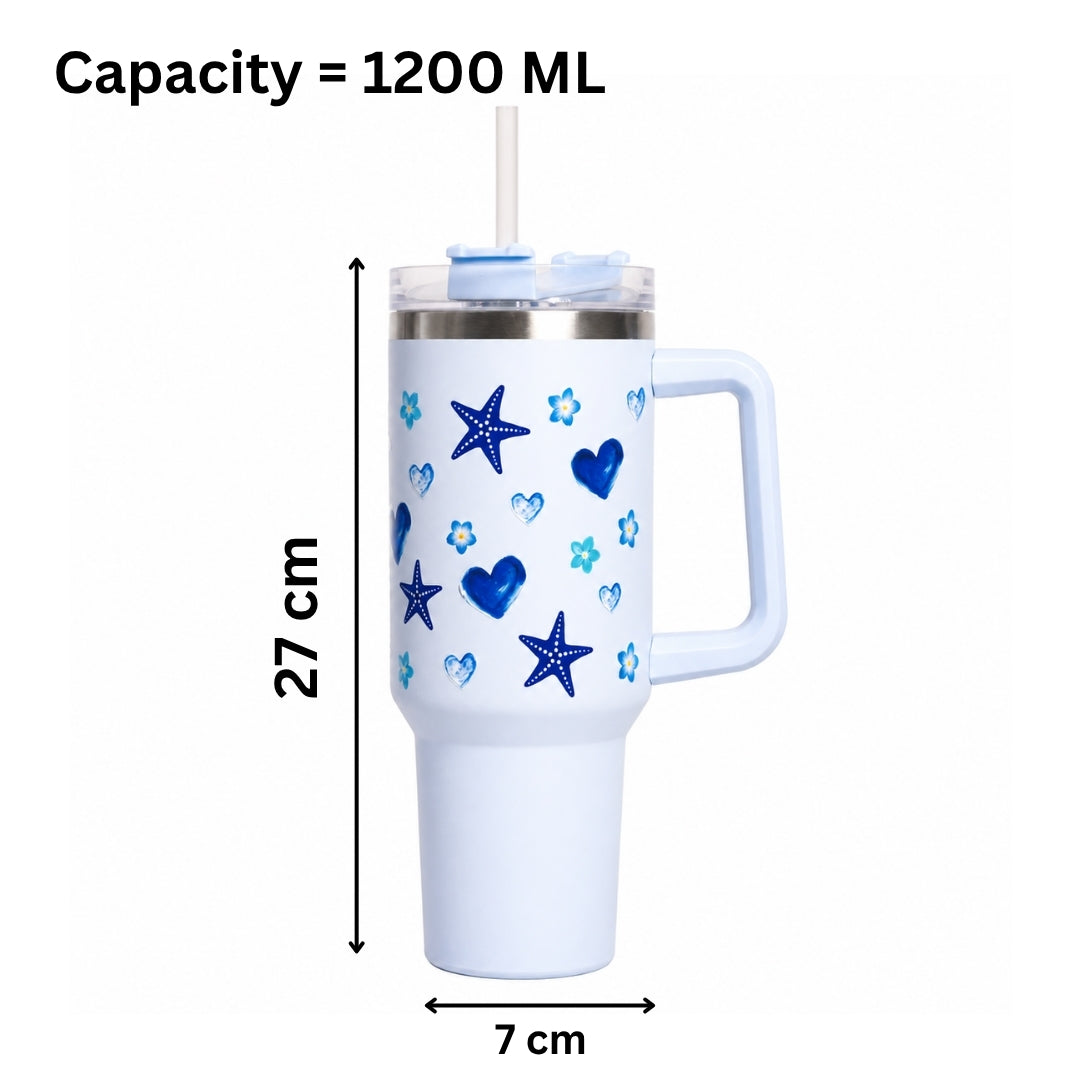 Starfish Print Tumbler with Handle & Straw | Reusable Travel Water Cup | Stylish Drinkware