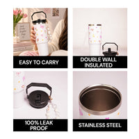 Butterfly & Floral Print Tumbler with Handle & Decorative Bead Charm | Reusable Travel Cup