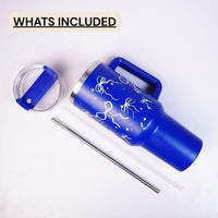 Royal Blue Bow Tumbler with Straw & Handle – Elegant Ribbon & Sparkle Print Travel Tumbler