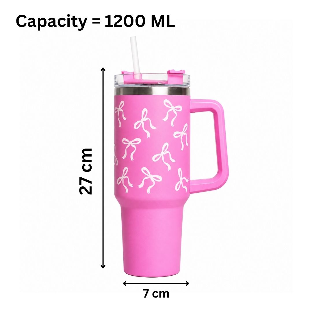 Bow Print Tumbler with Handle & Straw | Reusable Travel Water Cup | Stylish Drinkware