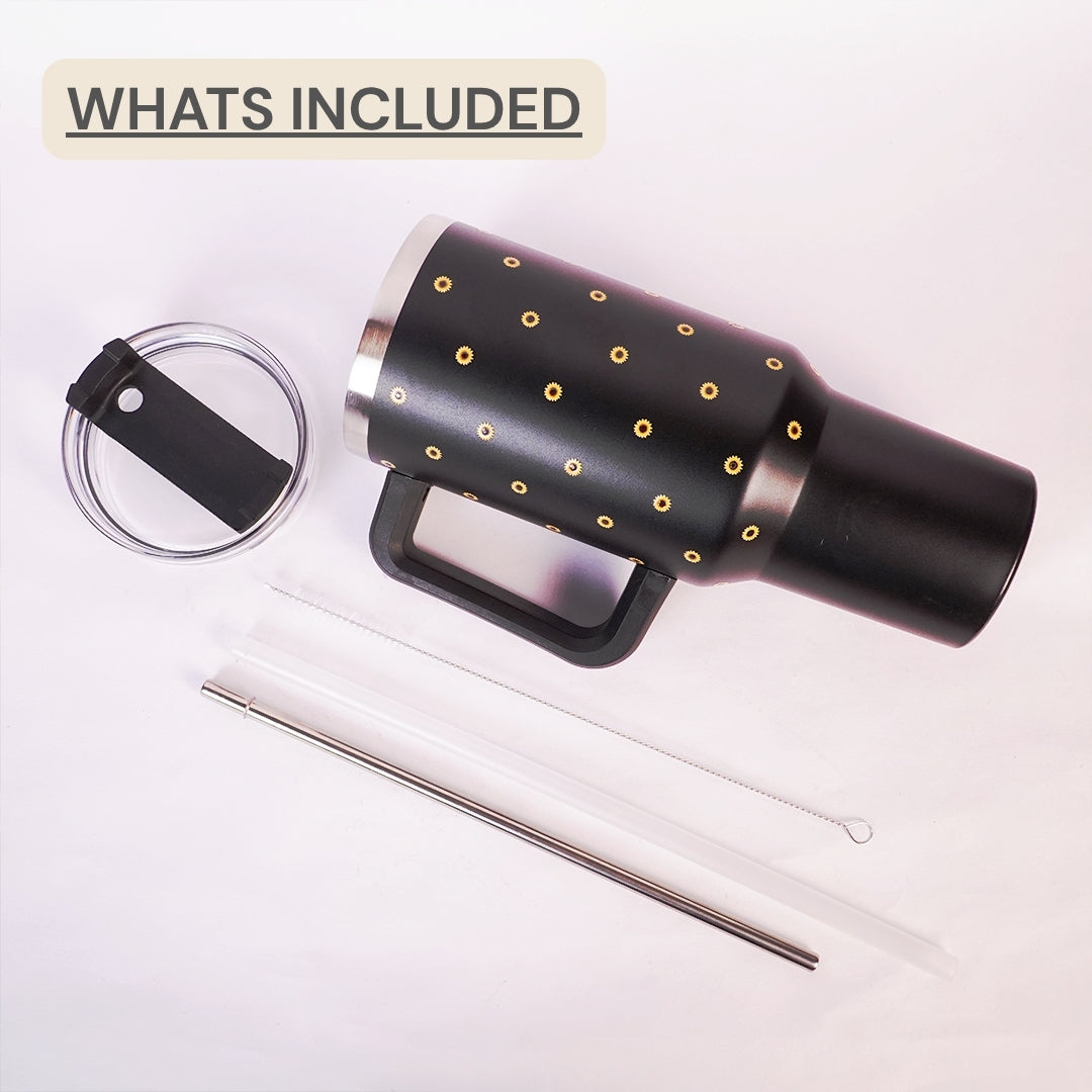 Black Sunflower Tumbler with Handle & Straw – Cute Floral Reusable Travel Cup for Women & Girls
