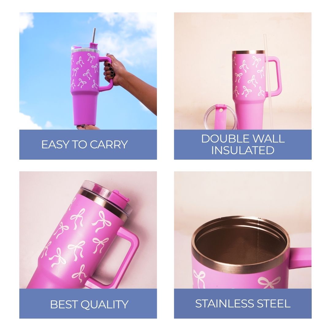 Bow Print Tumbler with Handle & Straw | Reusable Travel Water Cup | Stylish Drinkware