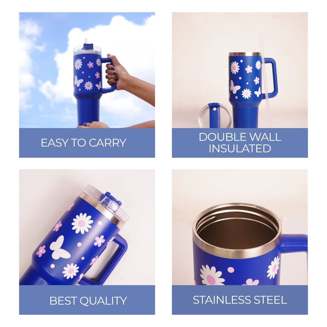 Sun Flower Print Tumbler with Handle & Straw | Reusable Travel Water Cup | Stylish Drinkware