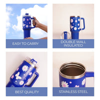 Sun Flower Print Tumbler with Handle & Straw | Reusable Travel Water Cup | Stylish Drinkware