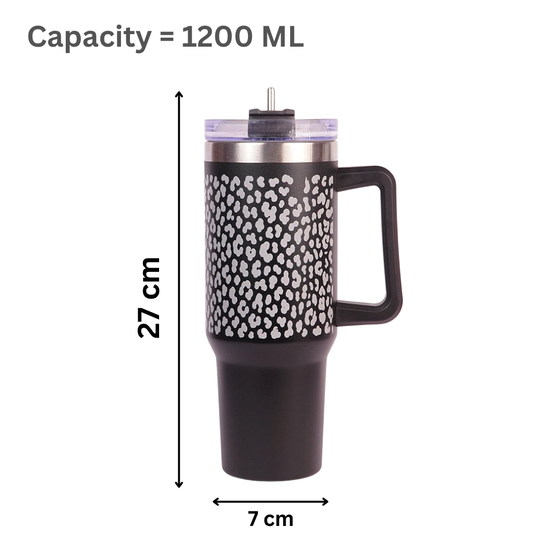 Black Leopard Print Tumbler with Handle & Straw – Stylish Reusable Travel Cup for Women & Girls