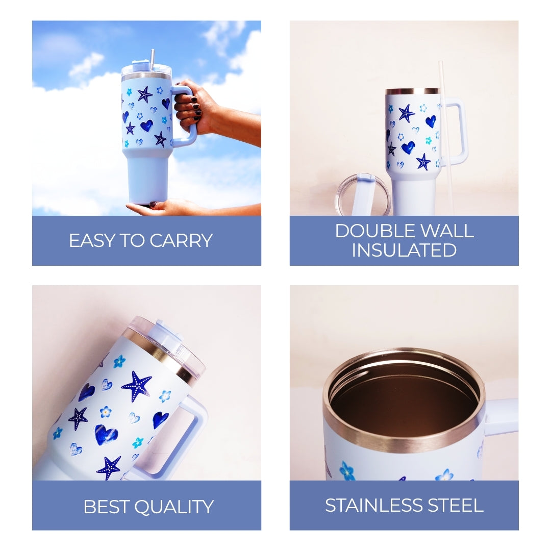 Starfish Print Tumbler with Handle & Straw | Reusable Travel Water Cup | Stylish Drinkware