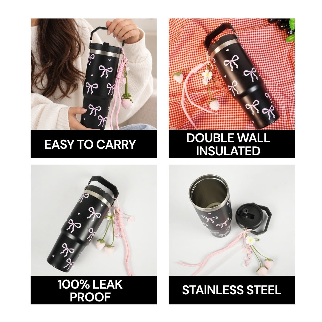 Bow Print Tumbler with Handle & Charm | Reusable Travel Cup | Cute Everyday Drinkware