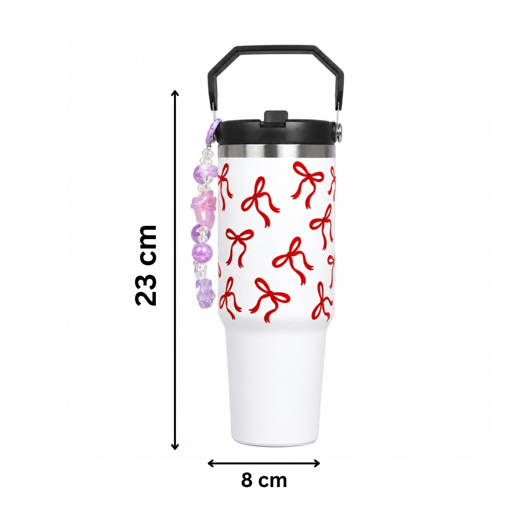 Bow Print Tumbler with Handle & Decorative Bead Charm | Reusable Travel Cup with Lid & Straw